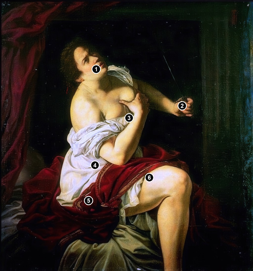 Annotated details from Lucretia by Artemisia Gentileschi